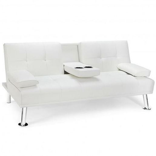 Picture of Convertible Folding Leather Futon Sofa with Cup Holders and Armrests-White - Color: White