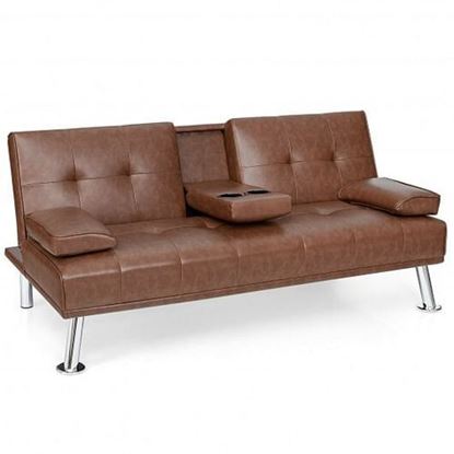 Picture of Convertible Folding Leather Futon Sofa with Cup Holders and Armrests-Brown - Color: Brown