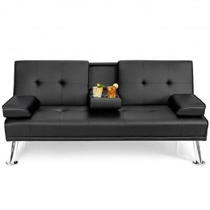 Picture of Convertible Folding Leather Futon Sofa with Cup Holders and Armrests-Black - Color: Black