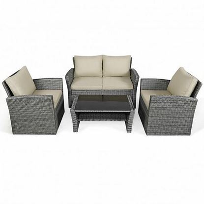 Picture of 4 Pcs Patio Rattan Furniture Set Sofa Table with Storage Shelf Cushion-Khaki - Color: Khaki