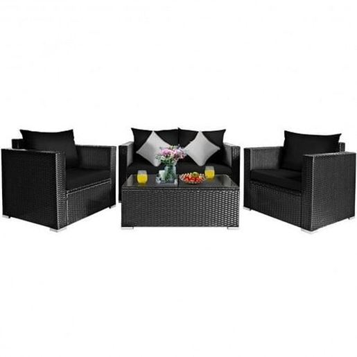 Изображение 4 Pcs Patio Rattan Cushioned Furniture Set-Black - Color: Black