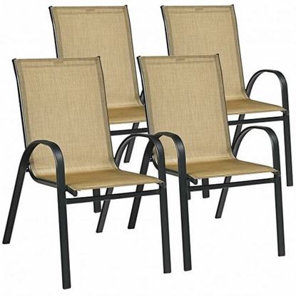 Picture of Set of 4 Patio Stackable Dining Chairs with Armrest for Garden and Deck-Brown - Color: Brown