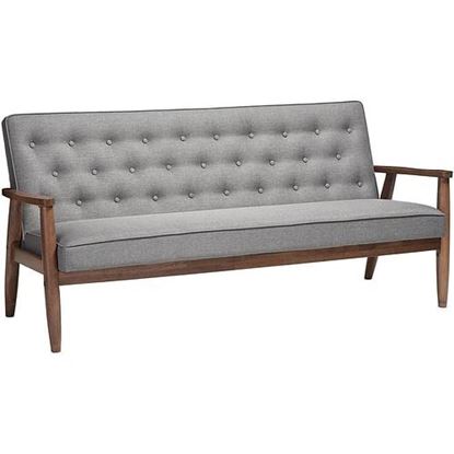 Picture of Modern Grey Button-Tufted Upholstered Sofa with Dark Walnut Wood Finish Frame