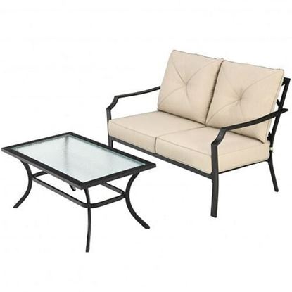 Picture of 2 PCS Patio Outdoor Cushioned  Sofa Bench with Coffee Table-Beige