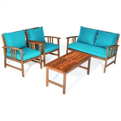 Picture of 4 Pieces Wooden Patio Furniture Set Table Sofa Chair Cushioned Garden - Color: Turquoise