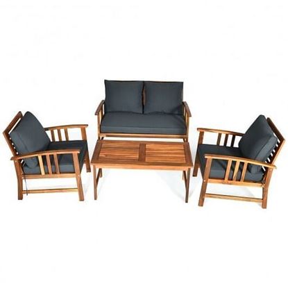 Picture of 4 Pcs Wooden Patio Furniture Set Table Sofa Chair Cushioned Garden