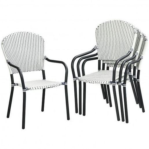 Picture of Set of 4 Patio Rattan Stackable Dining Chair with  Armrest for Garden-White - Color: White