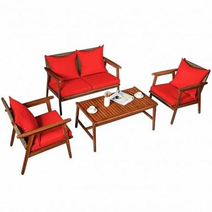 Picture of 4 Piece  Acacia Wood Patio Rattan Furniture Set-Red - Color: Red