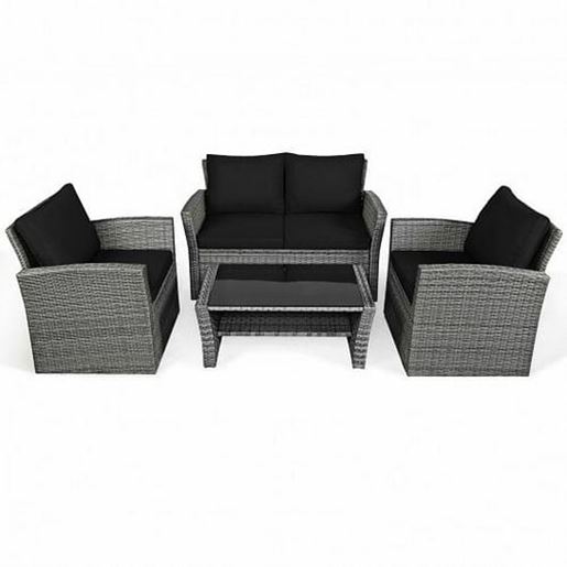 Picture of 4 Pcs Patio Rattan Furniture Set Sofa Table with Storage Shelf Cushion-Black - Color: Black