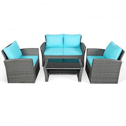 Picture of 4 Pcs Patio Rattan Furniture Set Sofa Table with Storage Shelf Cushion-Turquoise - Color: Turquoise