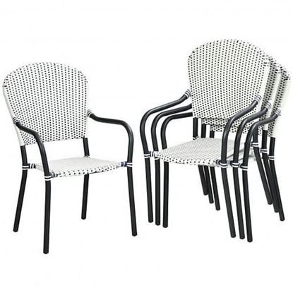 Picture of Set of 4 Patio Rattan Stackable Dining Chair with  Armrest for Garden-White