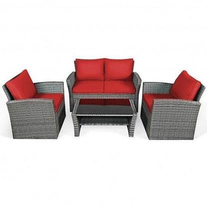 Picture of 4 Pcs Patio Rattan Furniture Set Sofa Table with Storage Shelf Cushion-Red - Color: Red