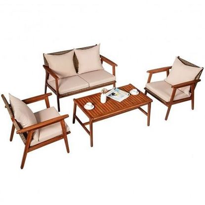 Image de 4 Piece  Acacia Wood Patio Rattan Furniture Set - Color: Brown