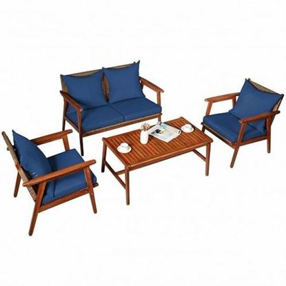 Picture of 4 Piece  Acacia Wood Patio Rattan Furniture Set-Navy - Color: Navy