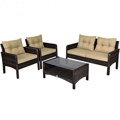 Picture of 4 pcs Patio Rattan Free Combination Sofa Set with Cushion and Coffee Table - Color: Coffee