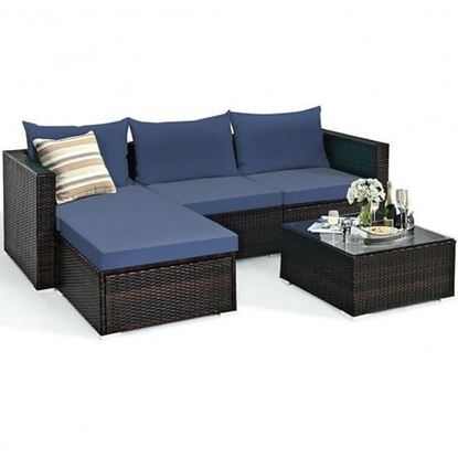 Picture of 5 Pieces Patio Rattan Sectional Furniture Set with Cushions and Coffee Table -Navy - Color: Navy