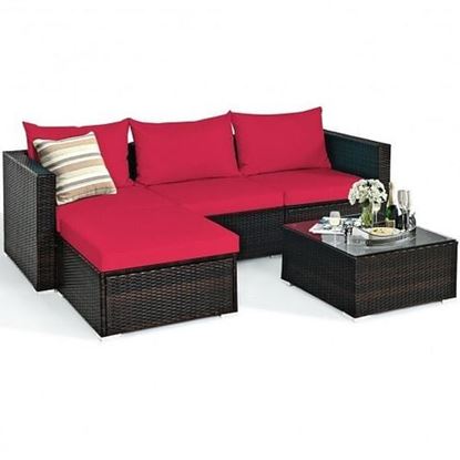 Picture of 5 Pieces Patio Rattan Sectional Furniture Set with Cushions and Coffee Table-Red - Color: Red