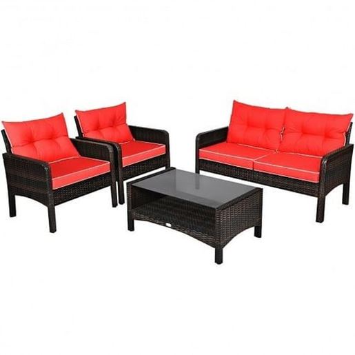 Picture of 4 Pcs Outdoor Rattan Wicker Loveseat Furniture Set with Cushions-Red - Color: Red