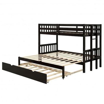 Picture of Twin Pull-Out Bunk Bed with Trundle Wooden Ladder-Espresso - Color: Espresso