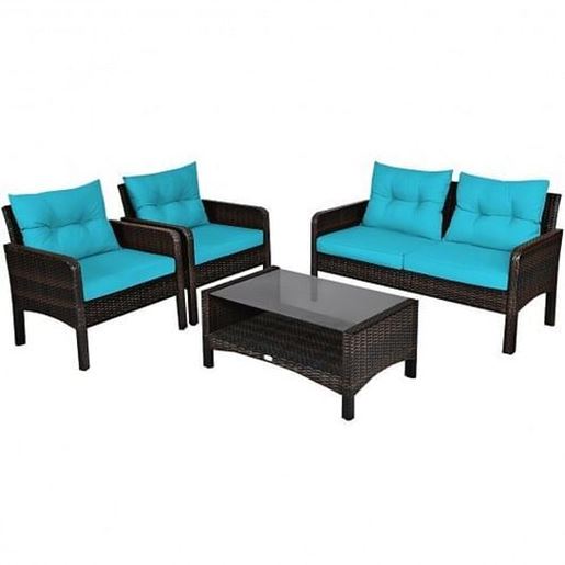 Picture of 4 Pcs Outdoor Rattan Wicker Loveseat Furniture Set with Cushions-Turquoise - Color: Turquoise