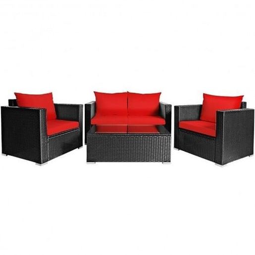 Picture of 4Pcs Patio Rattan Cushioned Furniture Set-Red - Color: Red