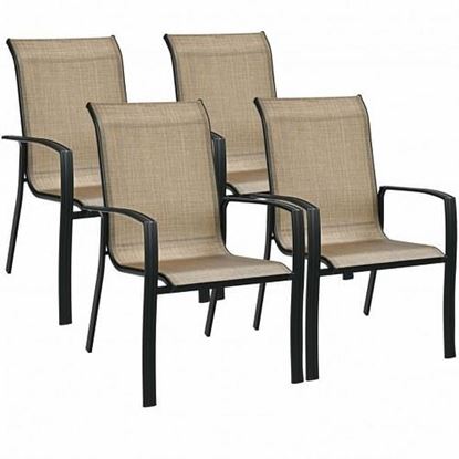 Picture of Set of 4 Stackable Patio Dining Chair with Ergonomic Backrest and Armrests-Brown - Color: Brown