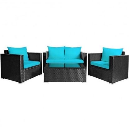 Picture of 4Pcs Patio Rattan Cushioned Furniture Set-Turquoise - Color: Turquoise