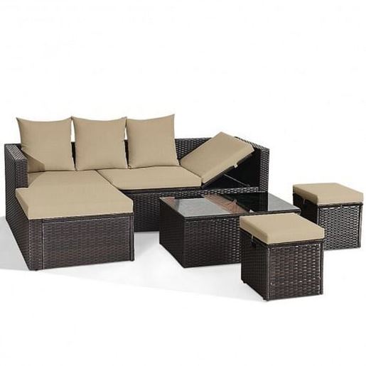 Picture of 5-Piece Rattan Patio Furniture Set Adjustable Sofa Cushioned Ottoman