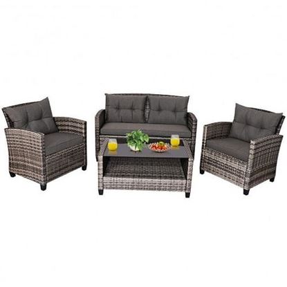 Picture of 4 Pieces Patio Rattan Furniture Set Coffee Table Cushioned Sofa