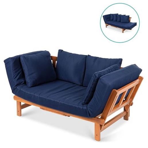 Picture of Navy Blue Outdoor Acacia Wood Convertible Sofa Futon with 4 Removable Pillows