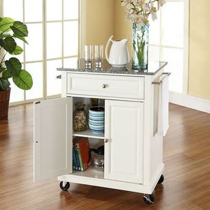 Picture of White Kitchen Cart with Granite Top and Locking Casters Wheels