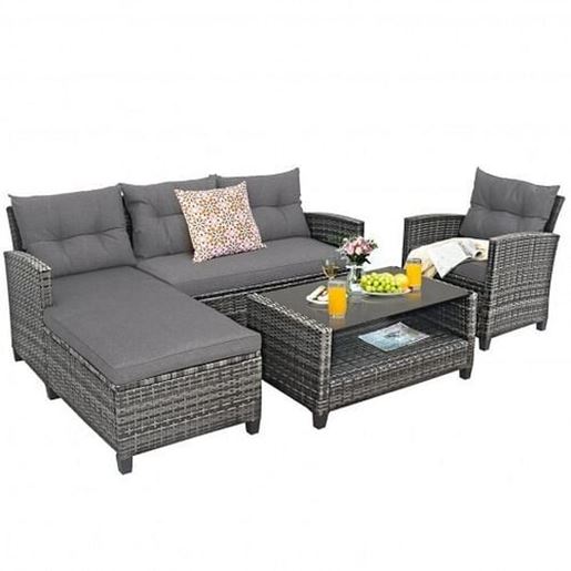 Picture of 4 Pieces Patio Rattan Furniture Set with Cushion and Table Shelf