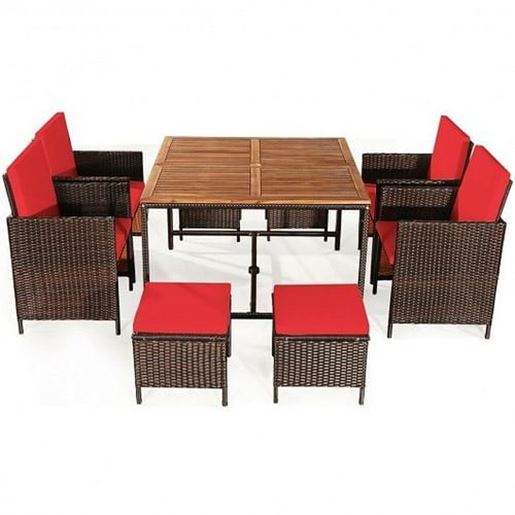 Picture of 9PCS Patio Rattan Dining Cushioned Chairs Set-Red