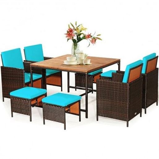 Picture of 9PCS Patio Rattan Dining Cushioned Chairs Set-Turquoise - Color: Turquoise