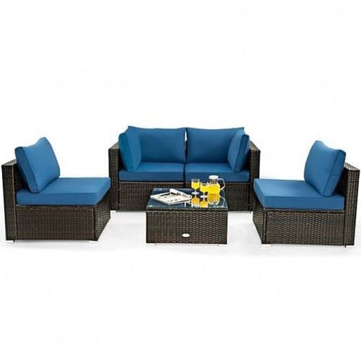 Picture of 5 Pieces Cushioned Patio Rattan Furniture Set with Glass Table-Navy - Color: Navy