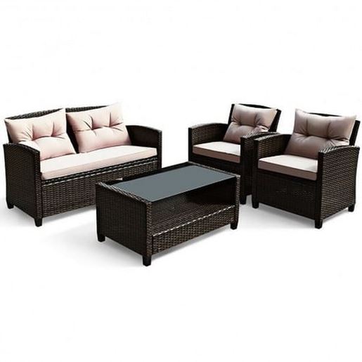 Picture of 4 Pieces Outdoor Rattan Armrest Furniture Set Table with Lower Shelf