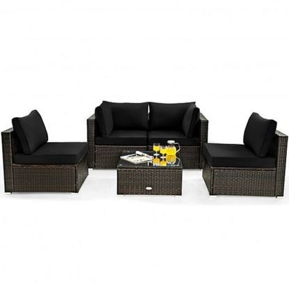 Picture of 5 Pieces Cushioned Patio Rattan Furniture Set with Glass Table-Black - Color: Black