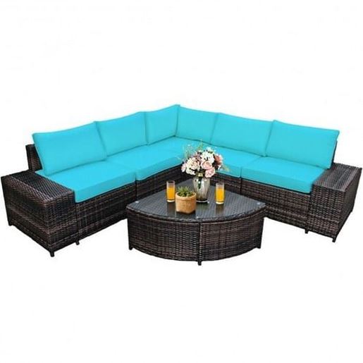 Picture of 6 Pieces Rattan Furniture Cushioned Sofa Set-Turquoise - Color: Turquoise