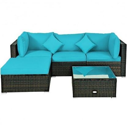 Picture of 5 Pcs Outdoor Patio Rattan Furniture Set Sectional Conversation with Navy Cushions-Turquoise - Color: Turquoise