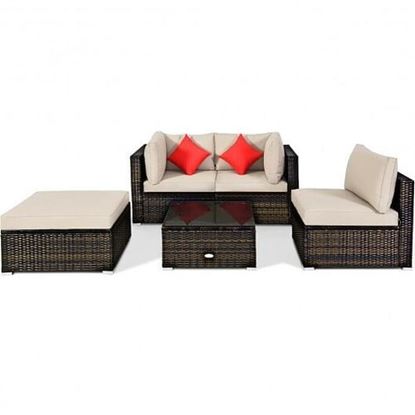 图片 5 Pieces Outdoor Patio Rattan Furniture Set With Cushions-Beige - Color: Beige