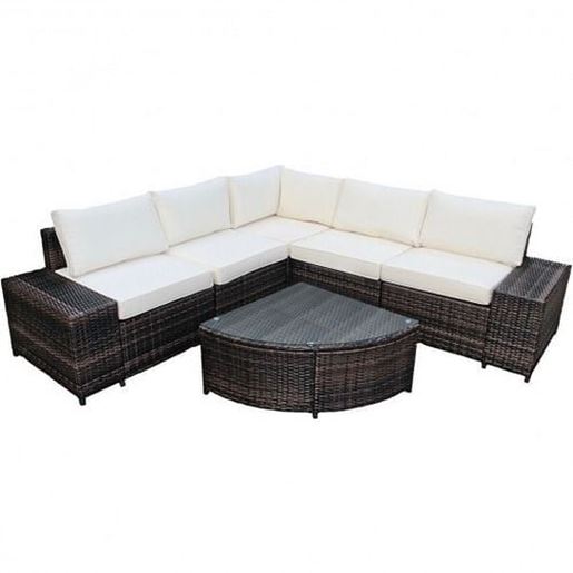 Picture of 6 Pieces Rattan Furniture Cushioned Sofa Set-White