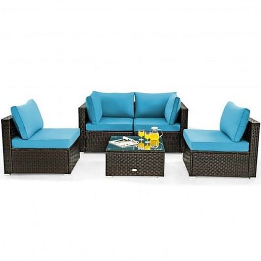 Picture of 5 Pieces Cushioned Patio Rattan Furniture Set with Glass Table-Turquoise - Color: Turquoise