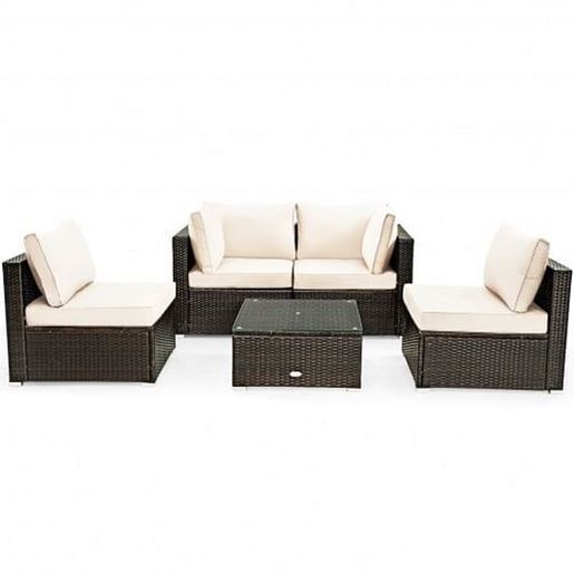 Picture of 5 Pieces Cushioned Patio Rattan Furniture Set with Glass Table-White - Color: White