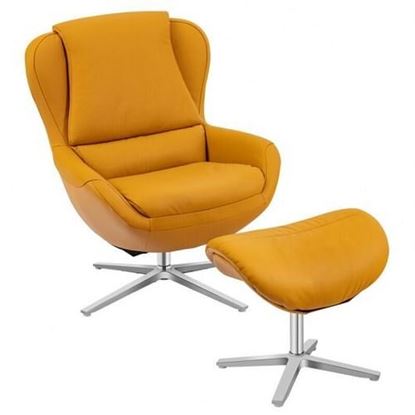Picture of Swivel Top Grain Leather Lounge Armchair Rocking Chair with Ottoman-Yellow - Color: Yellow