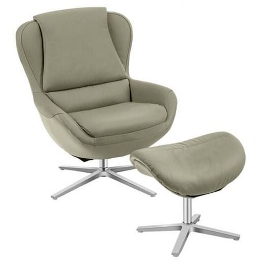 Picture of Swivel Top Grain Leather Lounge Armchair Rocking Chair with Ottoman-Gray - Color: Gray