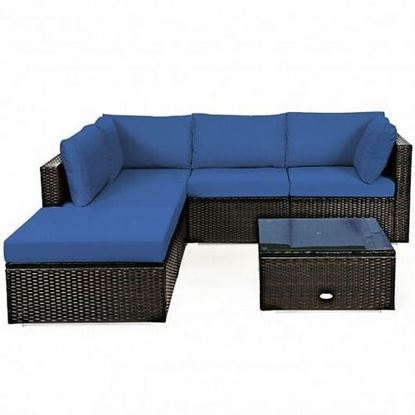 Picture of 6 Pieces Outdoor Patio Rattan Furniture Set Sofa Ottoman - Color: Blue