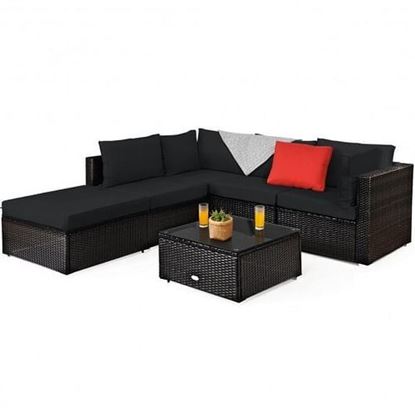 Picture of 6 Pieces Outdoor Patio Rattan Furniture Set Sofa Ottoman - Color: Black