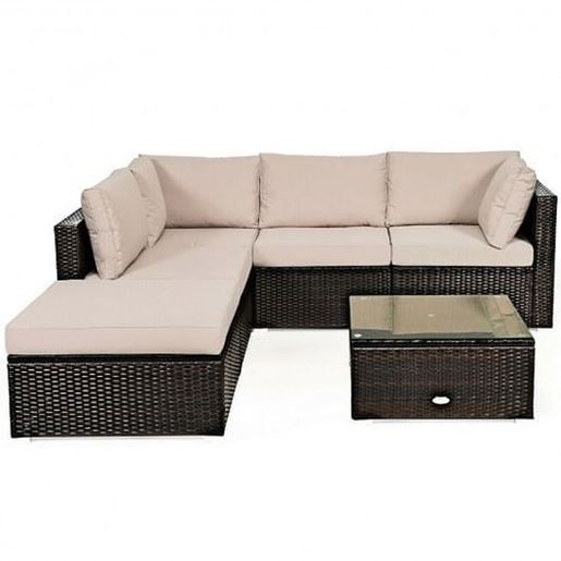 Picture of 6 Pieces Outdoor Patio Rattan Furniture Set Sofa Ottoman