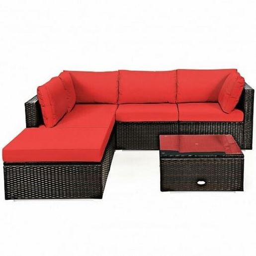 Picture of 6 Pieces Outdoor Patio Rattan Furniture Set Sofa Ottoman-Red - Color: Red