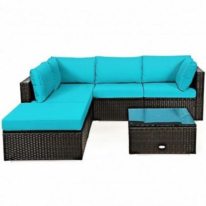 Picture of 6 Pieces Outdoor Patio Rattan Furniture Set Sofa Ottoman-Turquoise - Color: Turquoise